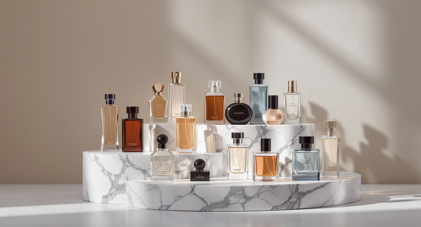 Titelbild – eine Auswahl an eleganten Parfümflakons auf einem Marmor-Podest.